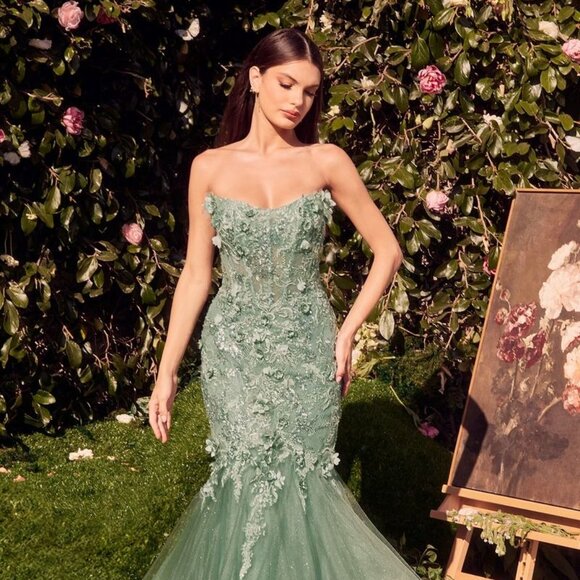 NEW LONG STRAPLESS MERMAID DRESS WITH REMOVABLE BOLERO & FLORAL DETAILS CD MA101 - Picture 6 of 8